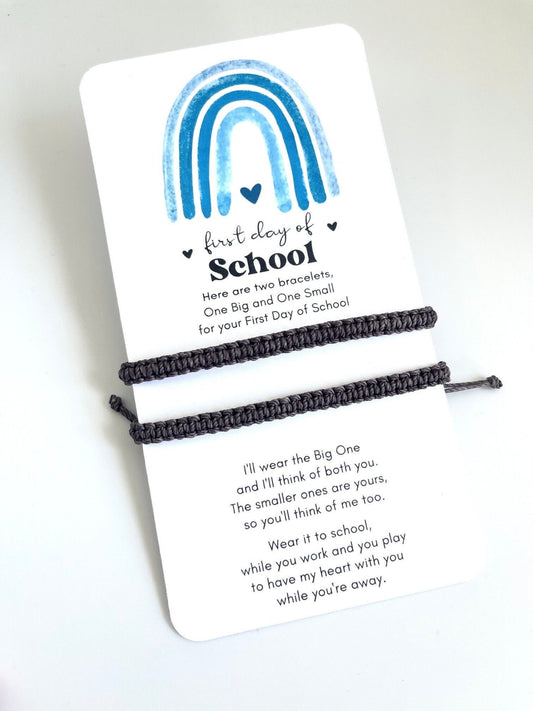 First Day of School, Gray Matching Bracelets, Mommy and Me, Daddy and Me. Includes one adult and one child bracelet. Adjustable, waterproof, and children safe bracelet. Back to School gift. Separation anxiety bracelets.