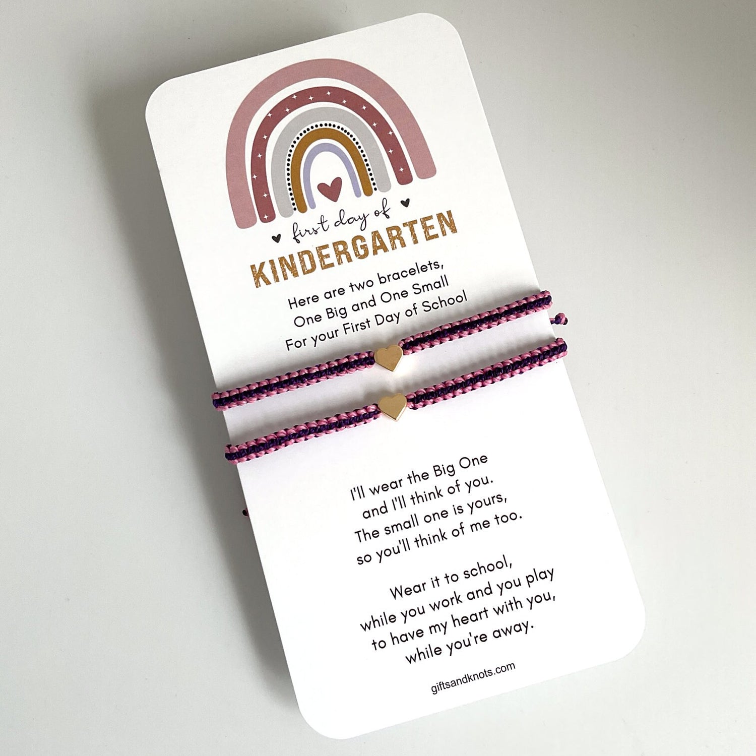 Pink Purple Matching Bracelets, Gold Hearts, First Day Kindergarten Card, Braided Macrame, Adjustable Waterproof by Gifts & Knots