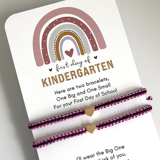 Pink Purple Matching Bracelets, Gold Hearts, First Day Kindergarten Card, Braided Macrame, Adjustable Waterproof by Gifts & Knots