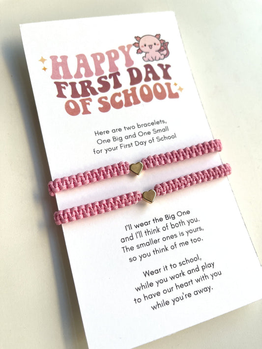 First Day of School Pink Gold Heart Mommy and Me Macrame Matching Bracelets Axolotl