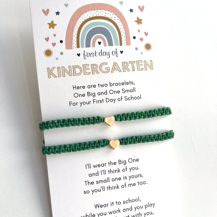 First Day of Kindergarten Green Gold Heart Bracelets Set for Mother and Daughter