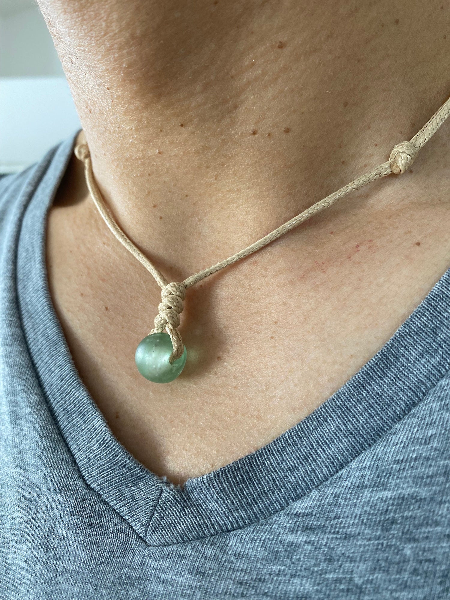 Mens Surfer Sea Glass Necklace Women Cute Choker, Beach Accessories, African Ocean Recycle Bead, Green