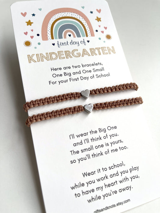 First Day of Kindergarten Taupe Silver Heart Bracelets Set for Mother and Daughter Back To School