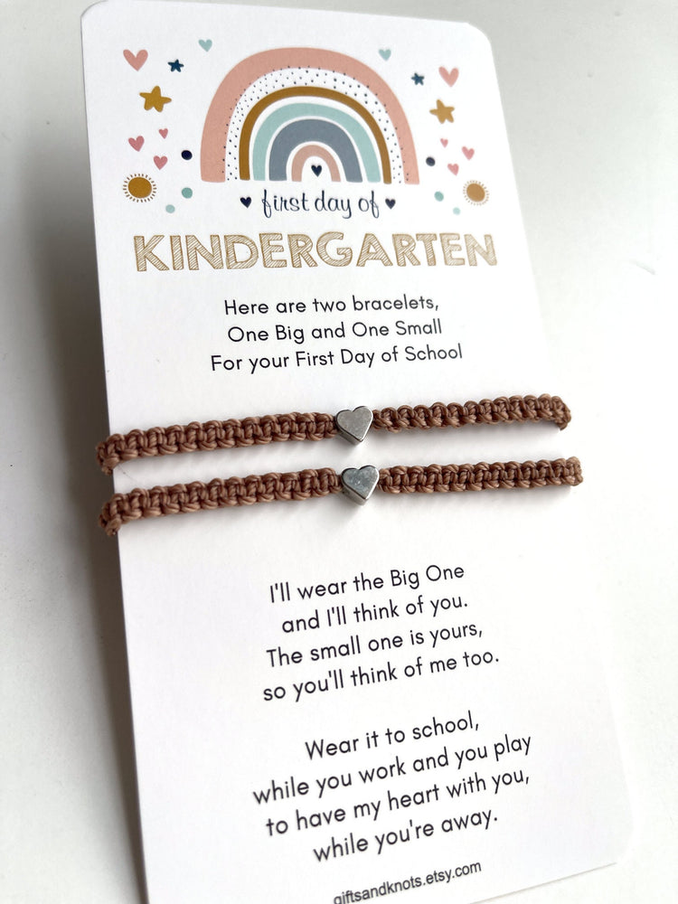 First Day of Kindergarten Taupe Silver Heart Bracelets Set for Mother and Daughter Back To School