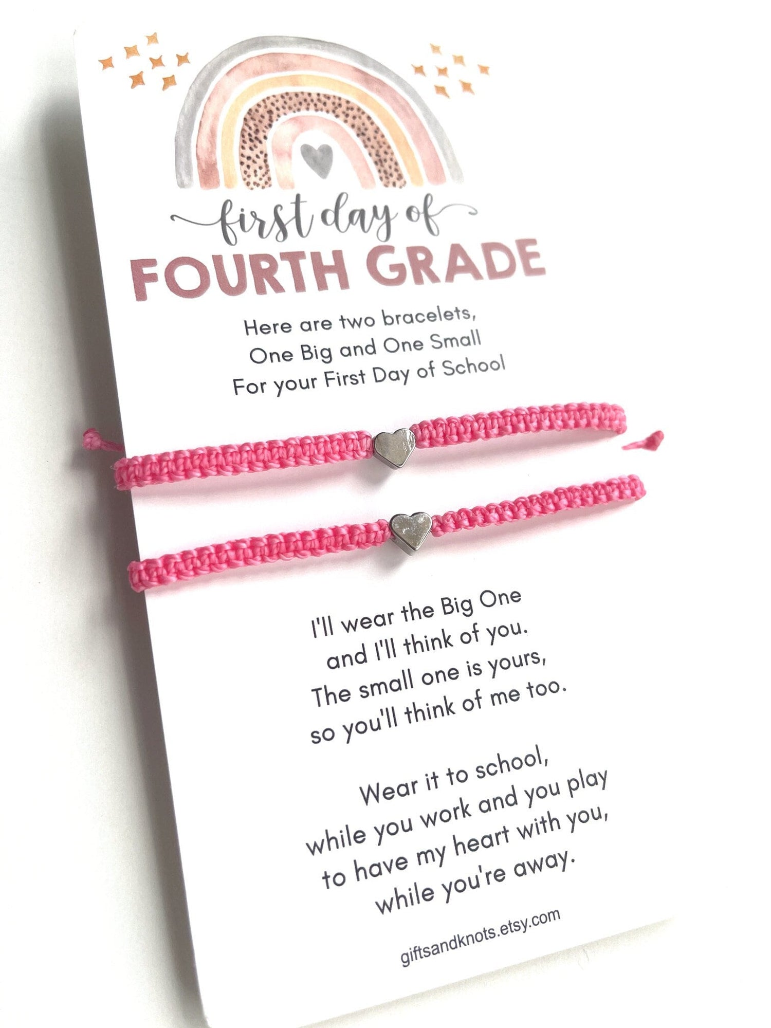 First Day of Fourth Grade, Mommy and Me Bracelets, Silver Heart, Pink Matching Bracelet