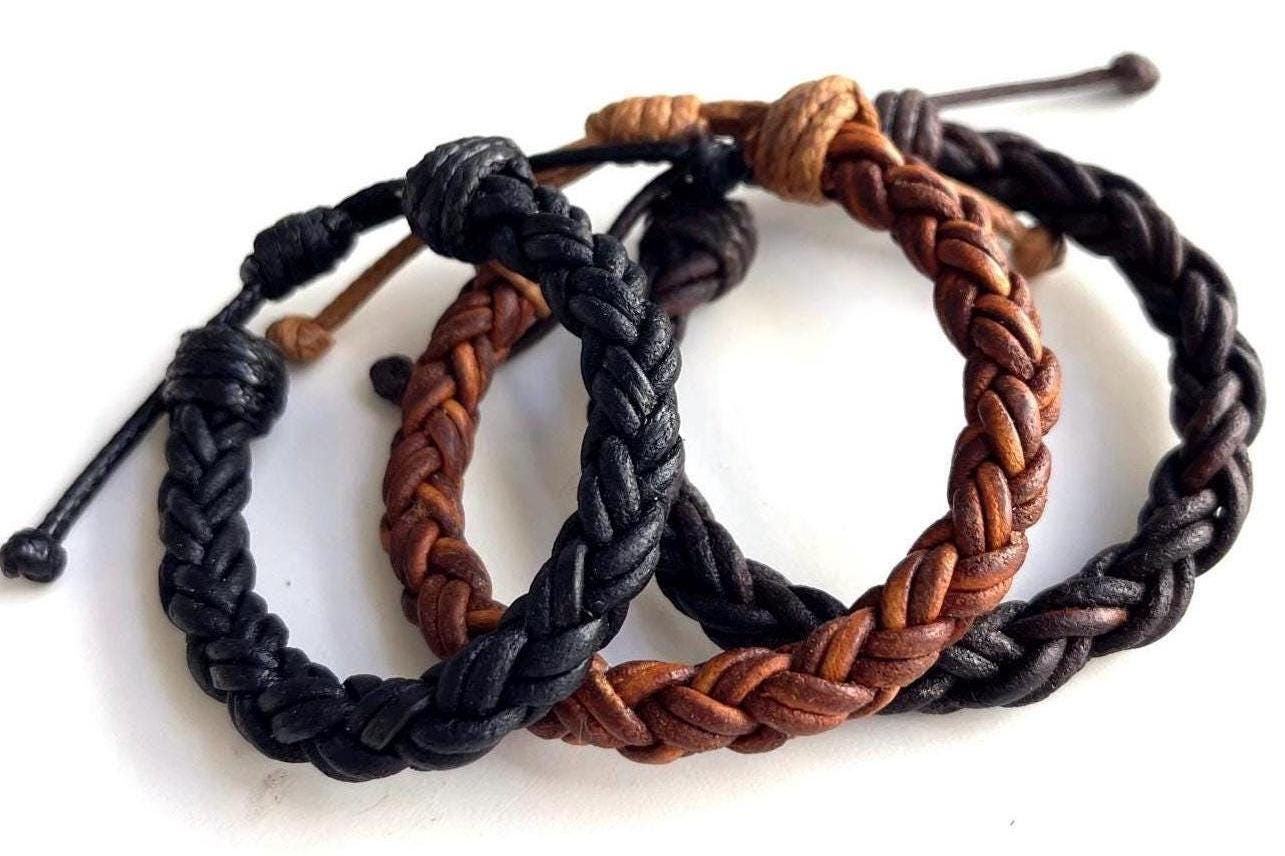 Genuine Braided Leather Bracelets. Black, light brown, dark brown. Thickness 5/16” inches (8 mm). 8-ply braid, 2mm strands.