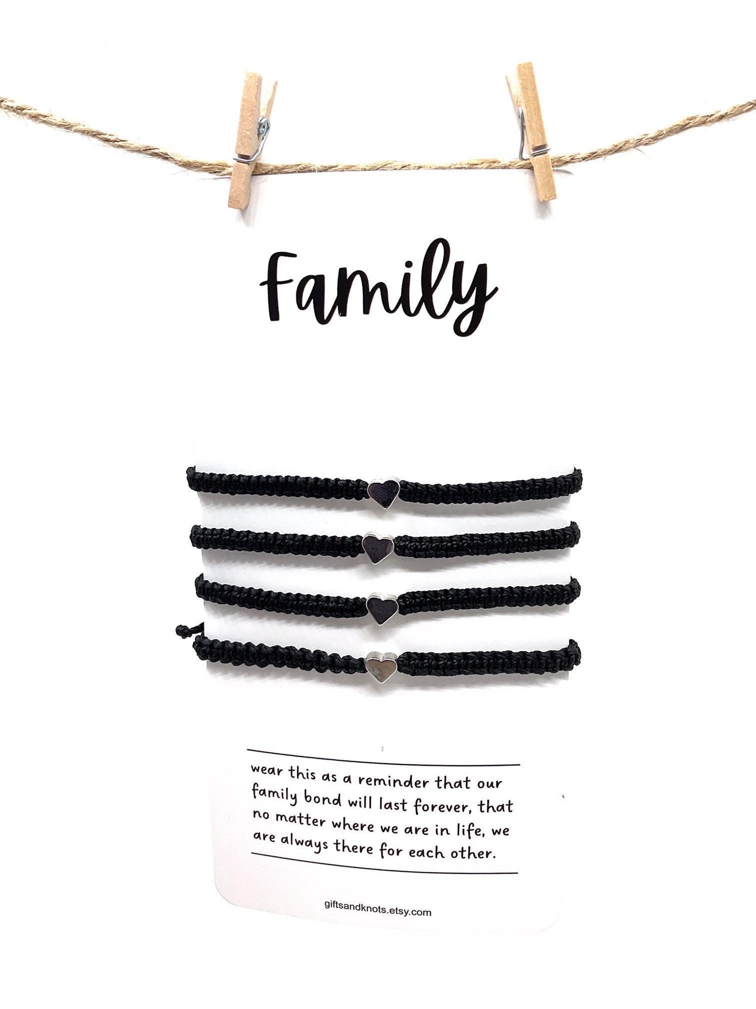 Family Matching Bracelets, Black, Silver Hearts charm by Gifts and Knots