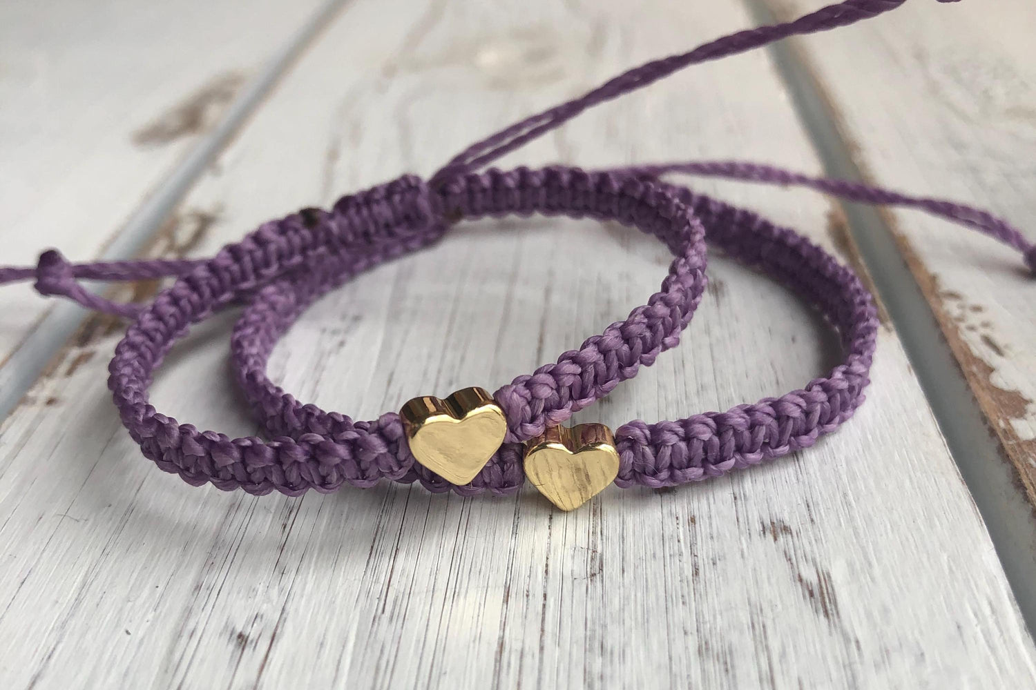 Purple Bracelets Gold Heart Braided Macrame Matching Wristbands by Gifts & Knots