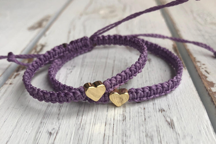Purple Bracelets Gold Heart Braided Macrame Matching Wristbands by Gifts & Knots