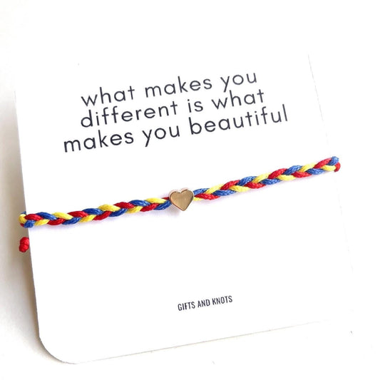 Autism Awareness Bracelet, Red Blue Yellow Braided with Gold Heart, Quote Card Gift "What Makes You Different", Handmade Support Jewelry