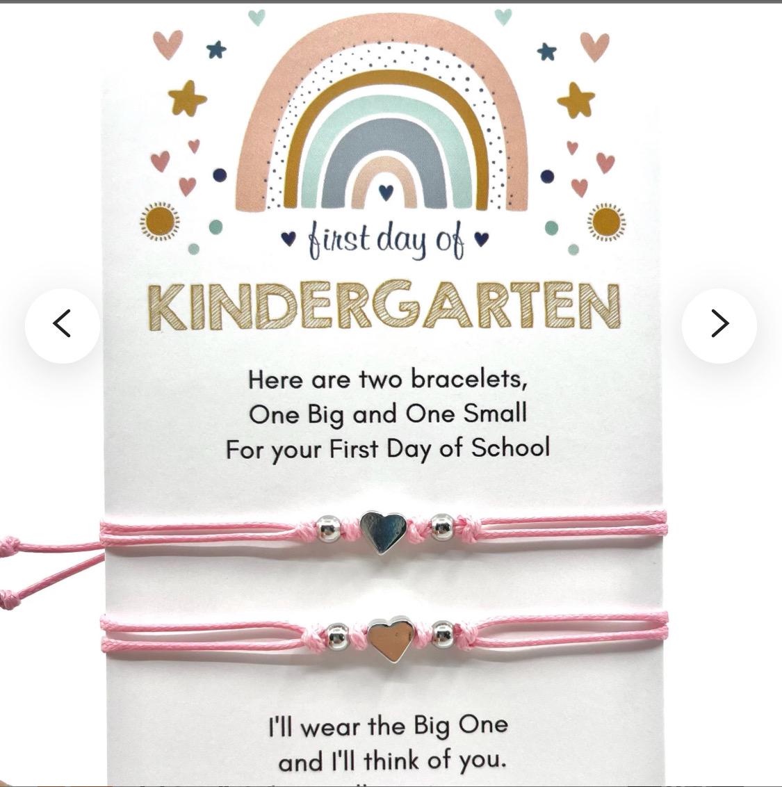 Mommy and Me Matching Bracelets. First Day of Kindergarten card. Pink Minimalist Bracelets. Silver hearts and beads. (Sliding knot)