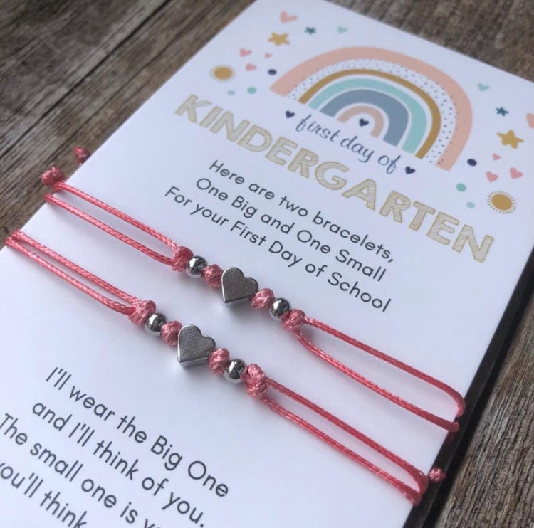 Mommy and Me Matching Bracelets. First Day of Kindergarten card. Coral Minimalist Bracelets. Silver hearts and beads.