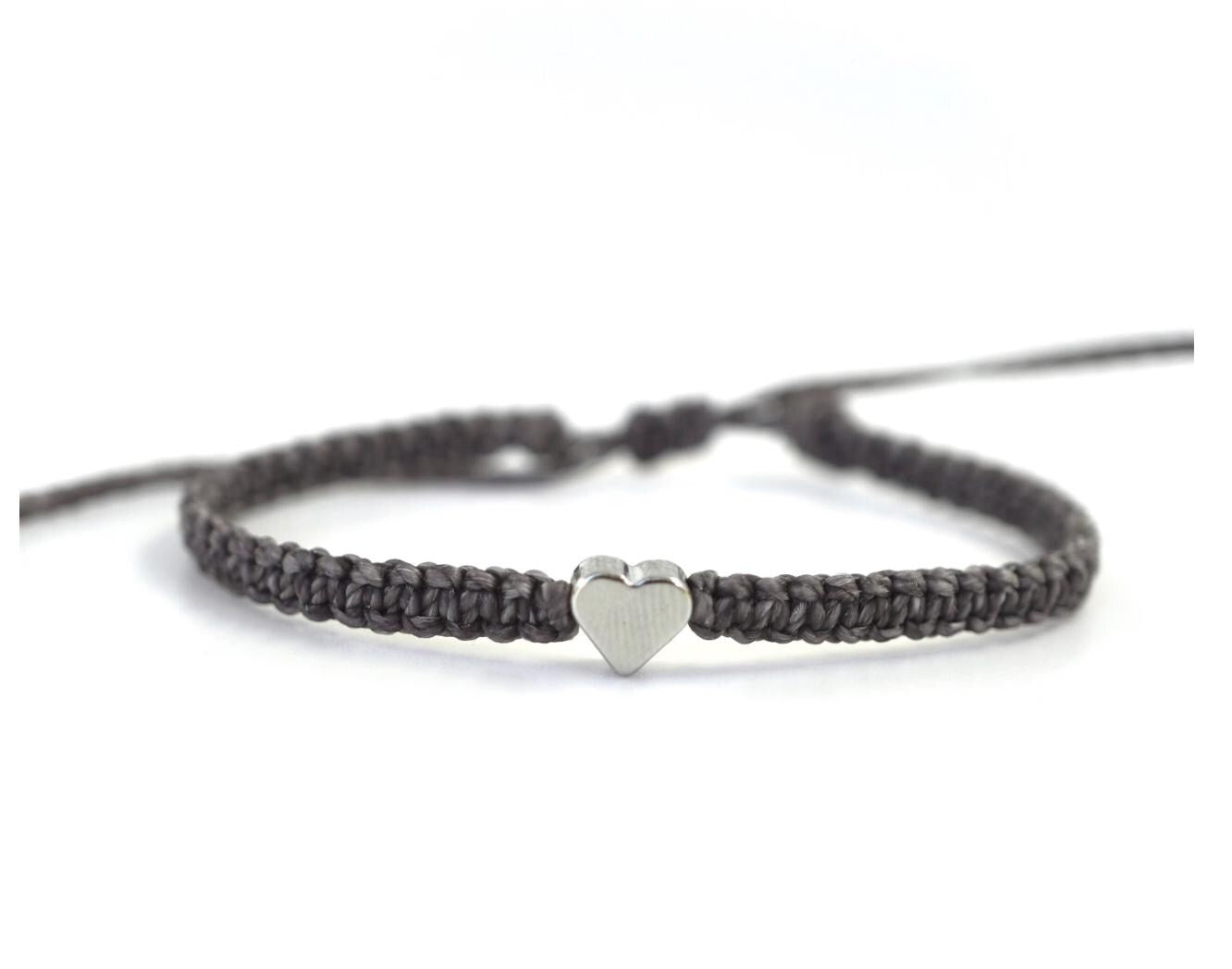 Silver Heart Dark Gray Bracelet. Macrame Braided. Adjustable Waterproof. Made in Florida U..S.A by Gifts & Knots.