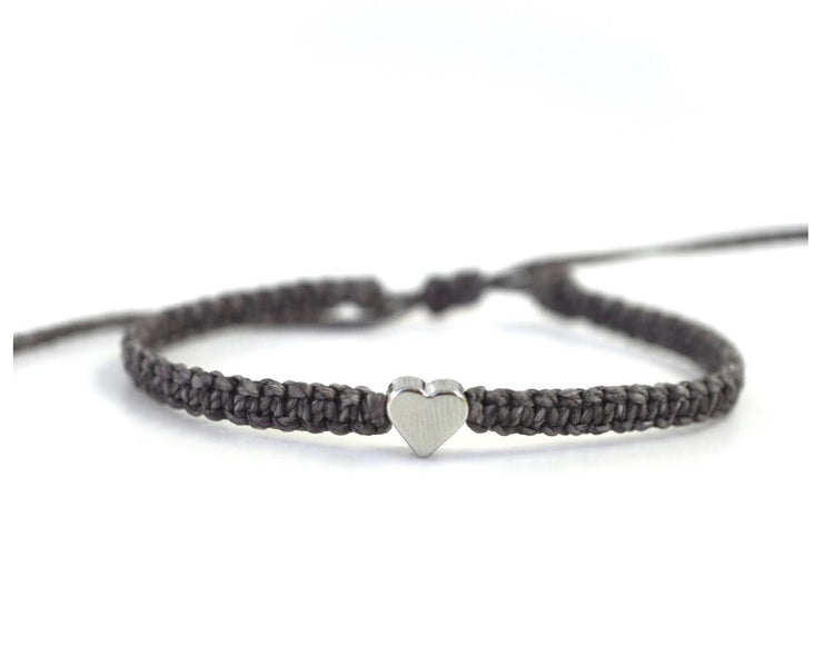 Silver Heart Dark Gray Bracelet. Macrame Braided. Adjustable Waterproof. Made in Florida U..S.A by Gifts & Knots.