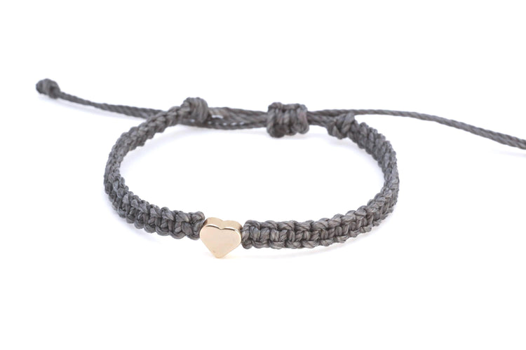 Gold Heart Dark Gray Bracelet. Macrame Braided. Adjustable Waterproof. Made in Florida U..S.A by Gifts & Knots.