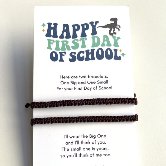 First Day School Card, Mommy and Me, Matching Bracelets, Brown.