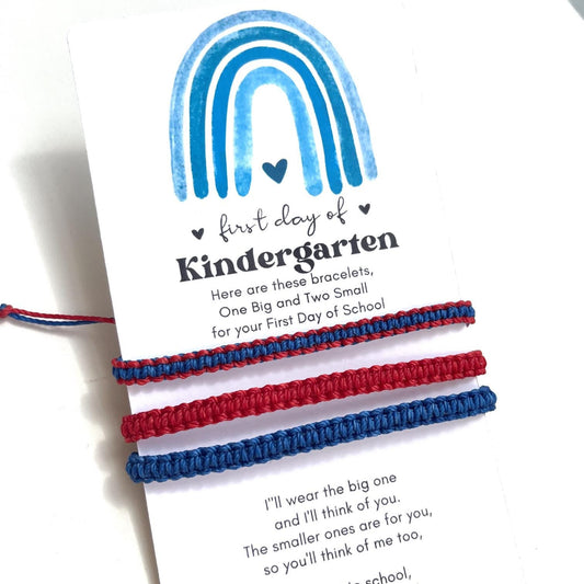 Red and Blue Bracelets. One adult, Two kids. First Day of Kindergarten.