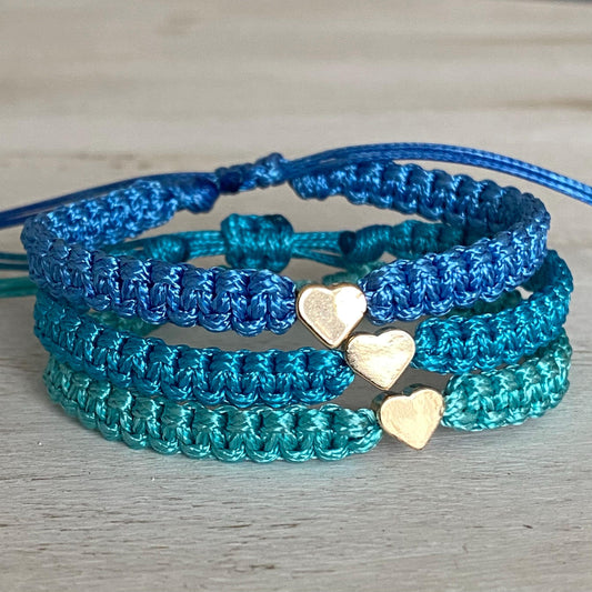 Blue Shades Gold 14k Heart Bracelet Set, Stackable Bracelets, Light Blue, Turquoise, Seagreen, Glossy Tones