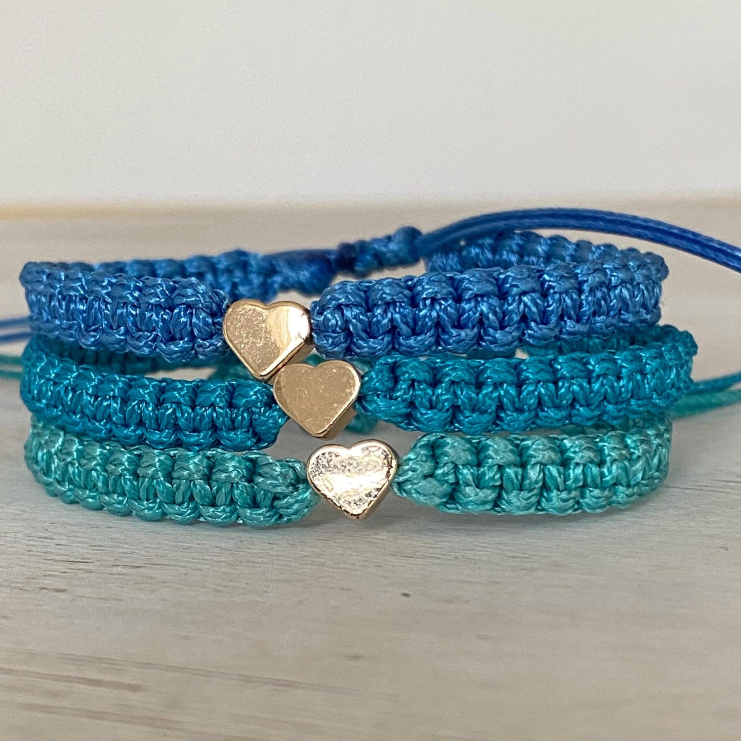 Blue Shades Gold 14k Heart Bracelet Set, Stackable Bracelets, Light Blue, Turquoise, Seagreen, Glossy Tones