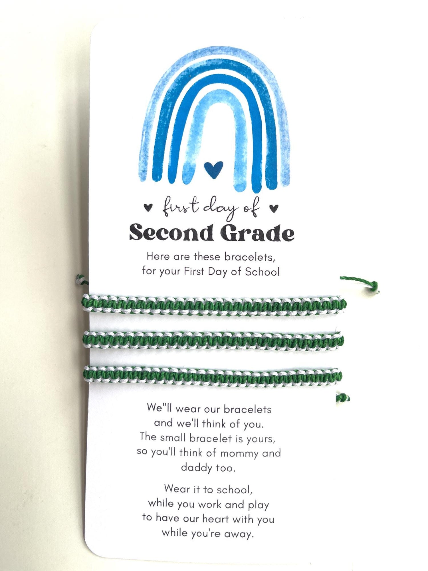 First Day of Second Grade, White and Green Bracelet, Waterproof Cord