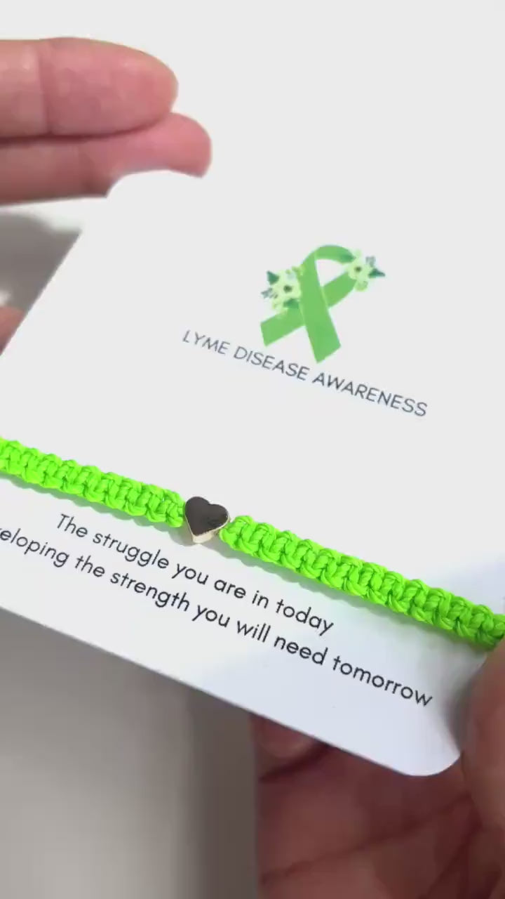Lyme Disease Awareness Bracelet with Heart Charm, Adjustable Green String Bracelet with Card, Encouragement Gift, Handmade Support Jewelry