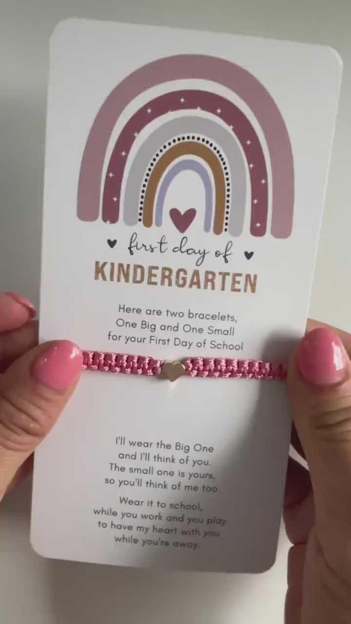 First Day of Kindergarten Mommy and Me  Matching Bracelets, Gold Heart Charm, Braided Bracelet, Adjustable, Waterproof
