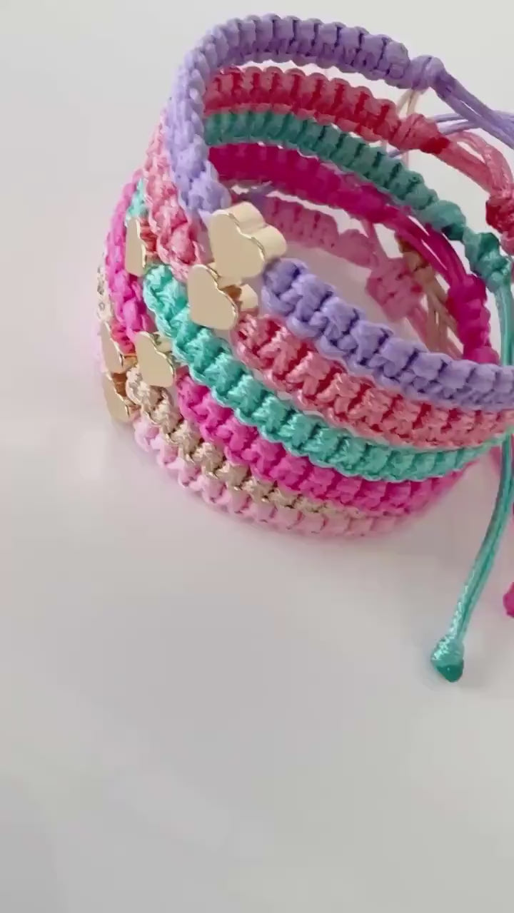 Friendship Bracelets, Family Matching Bracelets, Gold Hearts, Coral, Pink, Seagreen, Purple, Pink, Gold.