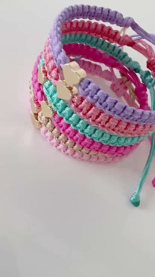 Friendship Bracelets, Family Matching Bracelets, Gold Hearts, Coral, Pink, Seagreen, Purple, Pink, Gold.