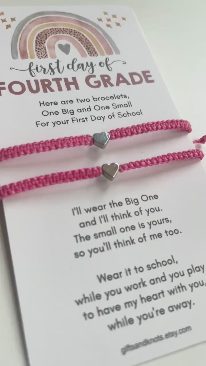 First Day of Fourth Grade, Mommy and Me Bracelets, Silver Heart, Pink Matching Bracelet