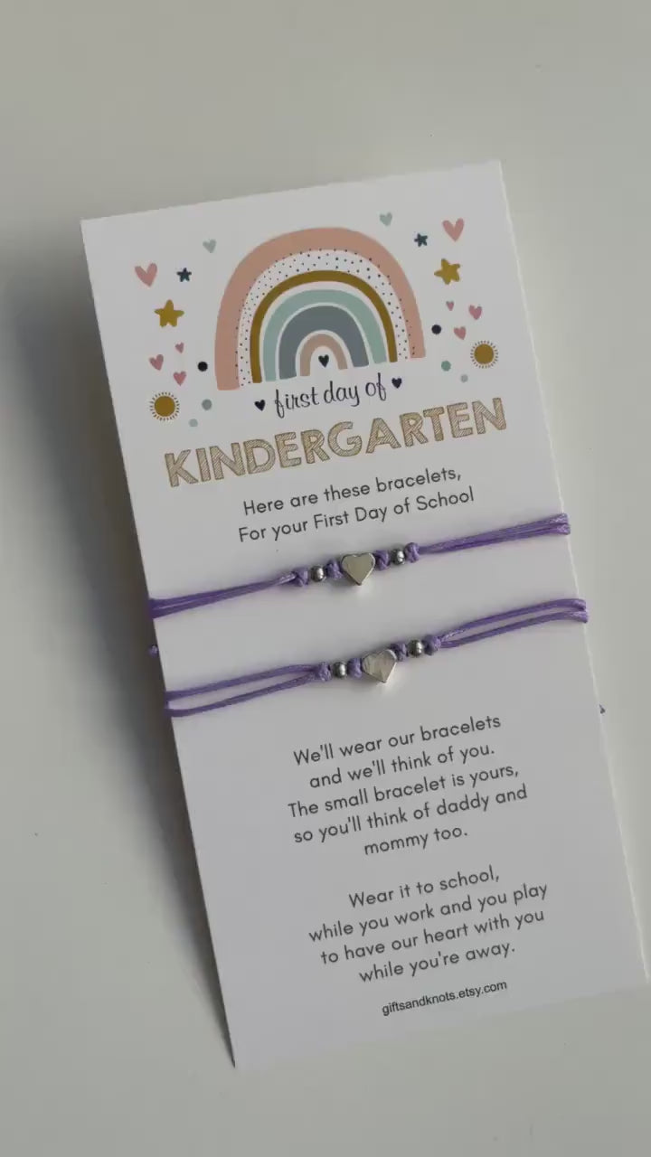 Mommy and Me Purple Matching Bracelets, First Day of Kindergarten, Silver Hearts