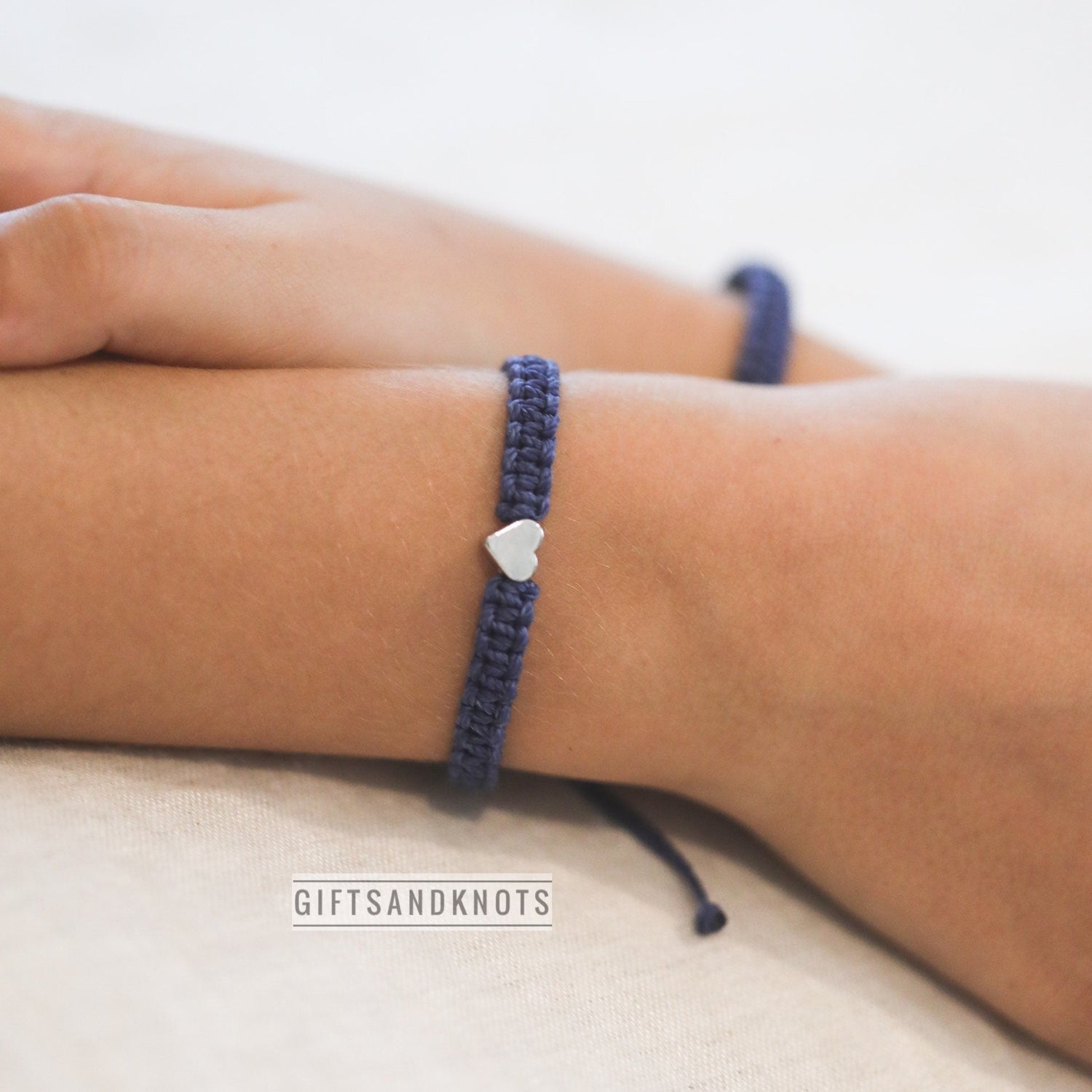 Blue Bracelet Silver Heart Macrame Braided
