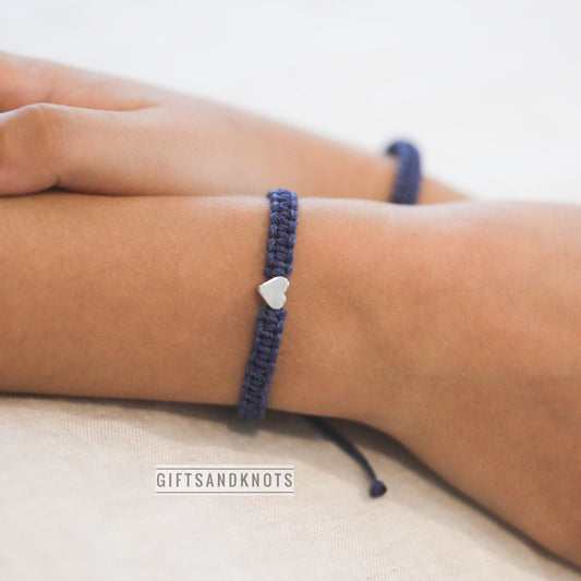 Blue Bracelet Silver Heart Macrame Braided