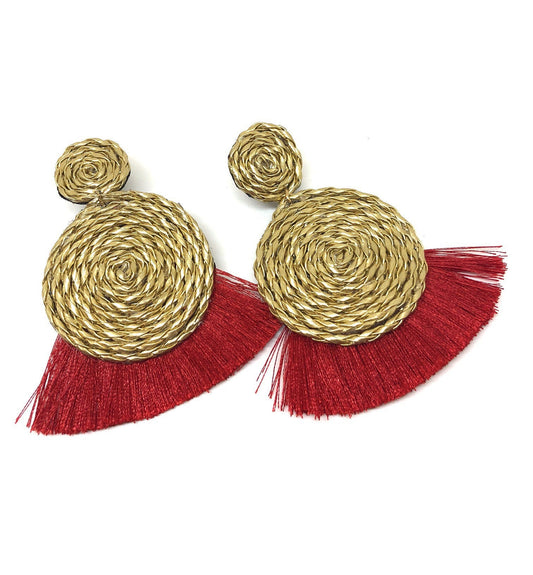 Red Tassel Earrings, Statement Red and Gold Earrings