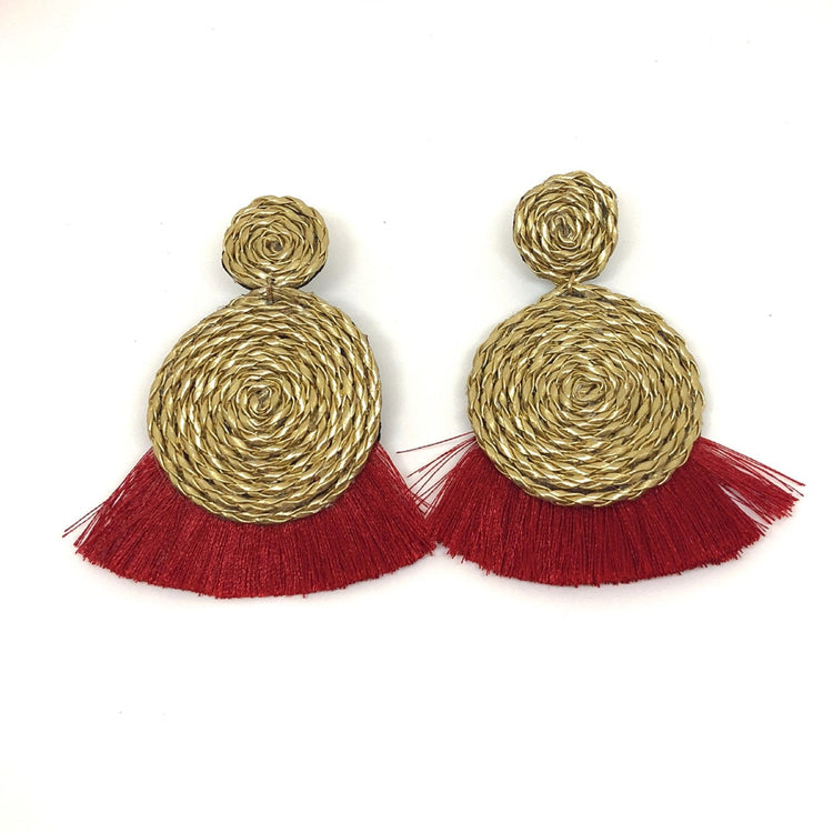 Red Tassel Earrings, Statement Red and Gold Earrings