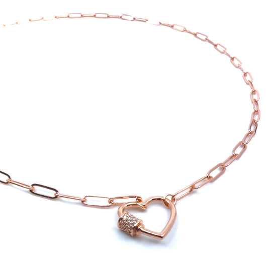 Paperclip Necklace, Rectangle Chain Rose Gold Heart Carabiner