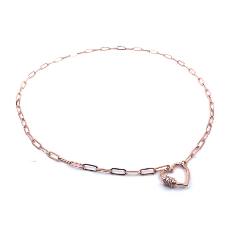 Paperclip Necklace, Rectangle Chain Rose Gold Heart Carabiner