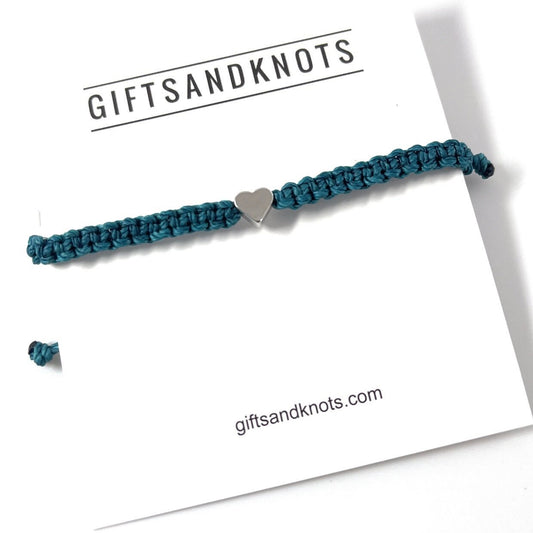 Silver Plated Heart Bracelet Deep Teal Linhasita Rope