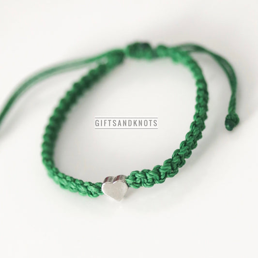 Silver Heart Bracelet Green Rope