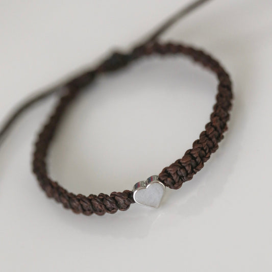 Silver Heart Bracelet Dark Brown Rope