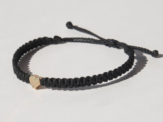 Gold Heart Bracelet Black Braided