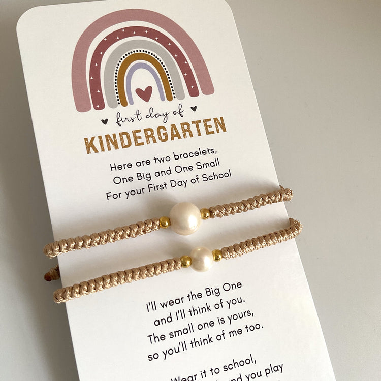 First Day of Kindergarten Gold Mommy and Me Pearl Macrame Matching Bracelets